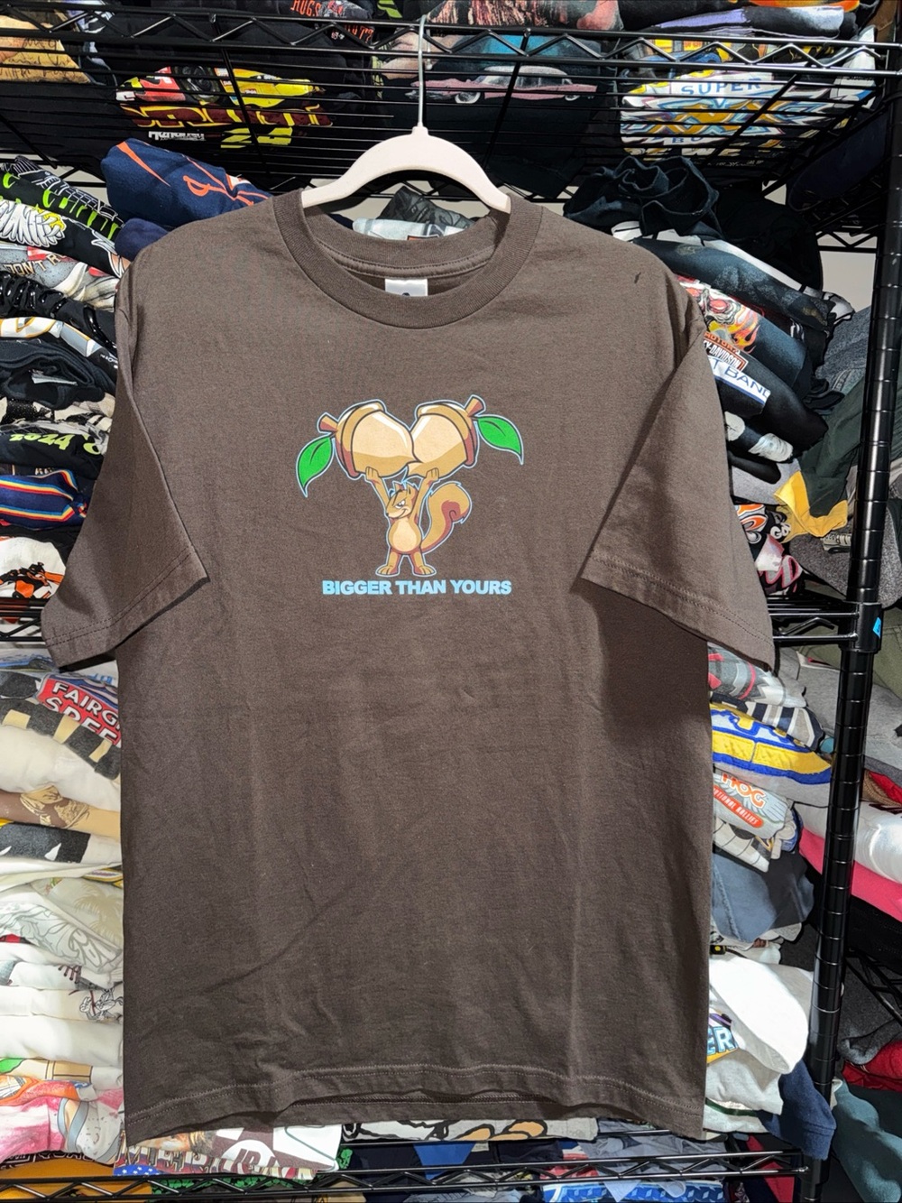 Vintage Squirrel Nuts “bigger Than Yours” Funny Brown Shirt Size Large